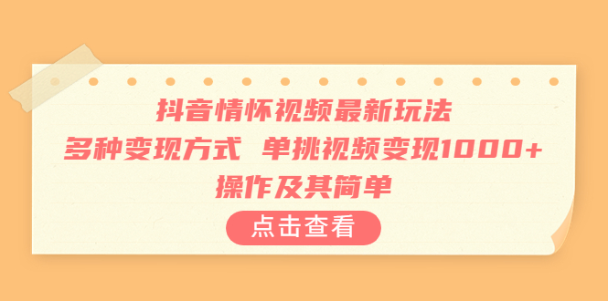 抖音情怀视频最新玩法，多种变现方式，单挑视频变现1000+，操作及其简单